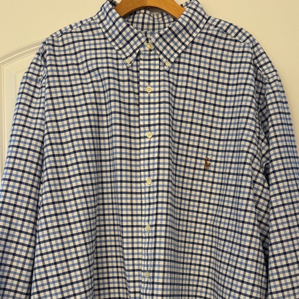 Mens Polo button down shirt, 2xb, navy blue plaid